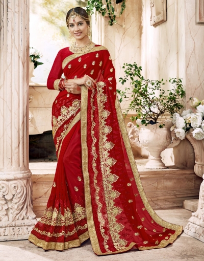 Maroon Georgette Embroidered  Wedding Wear  saree 6802